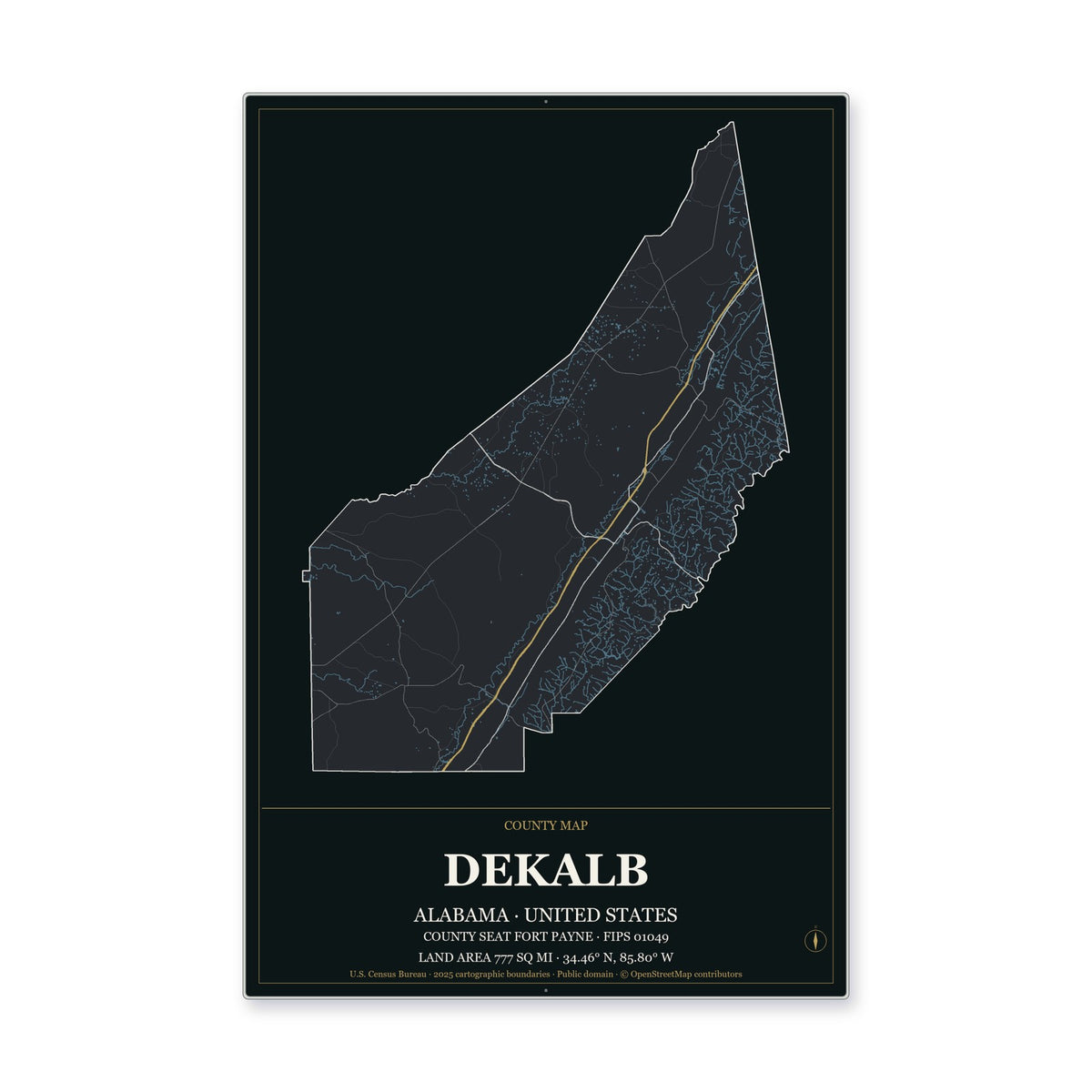 DeKalb County, Alabama Map Aluminum Sign in Metropolitan Noir style