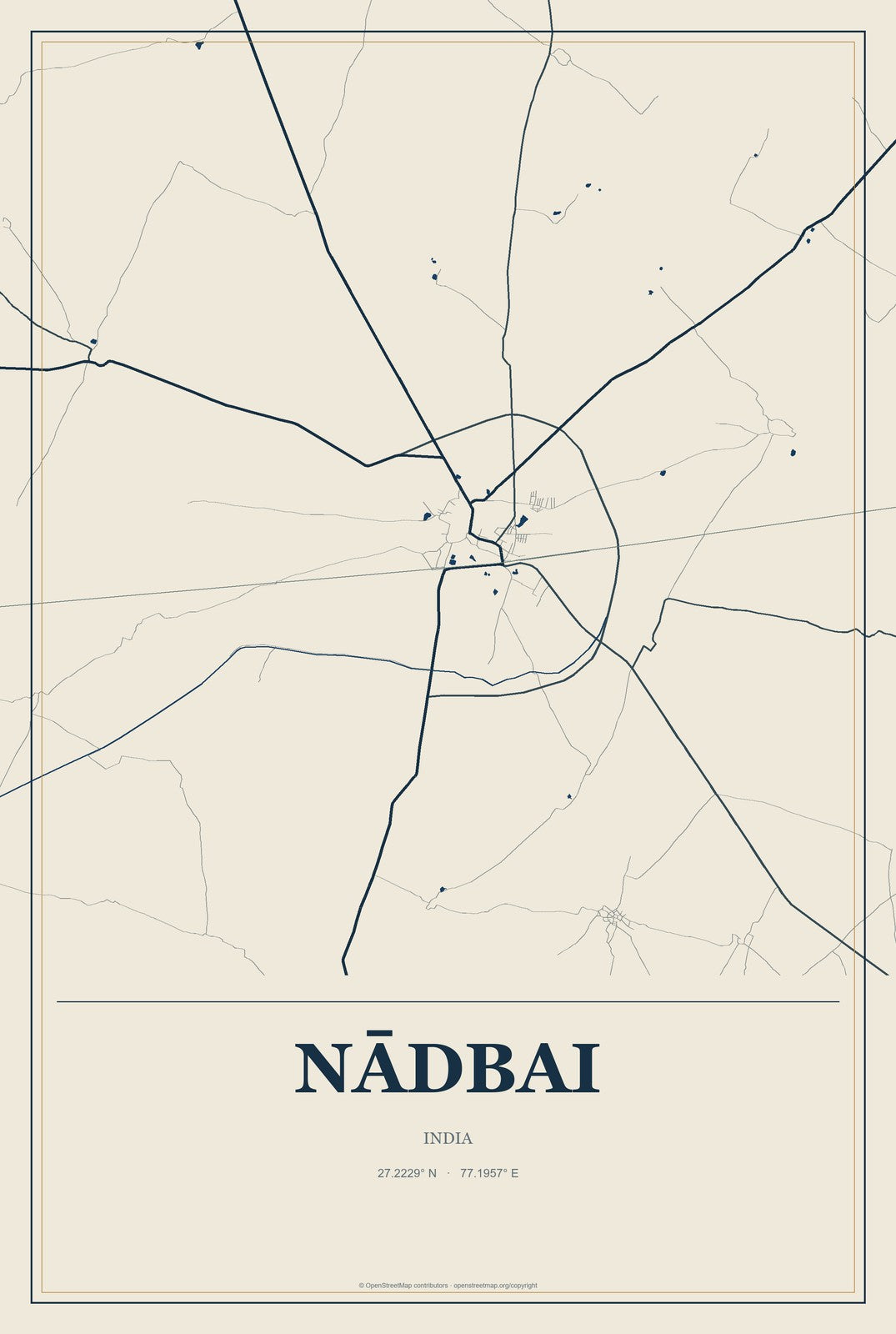 Nādbai, India City Map Aluminum Sign in Coastal Cutout style