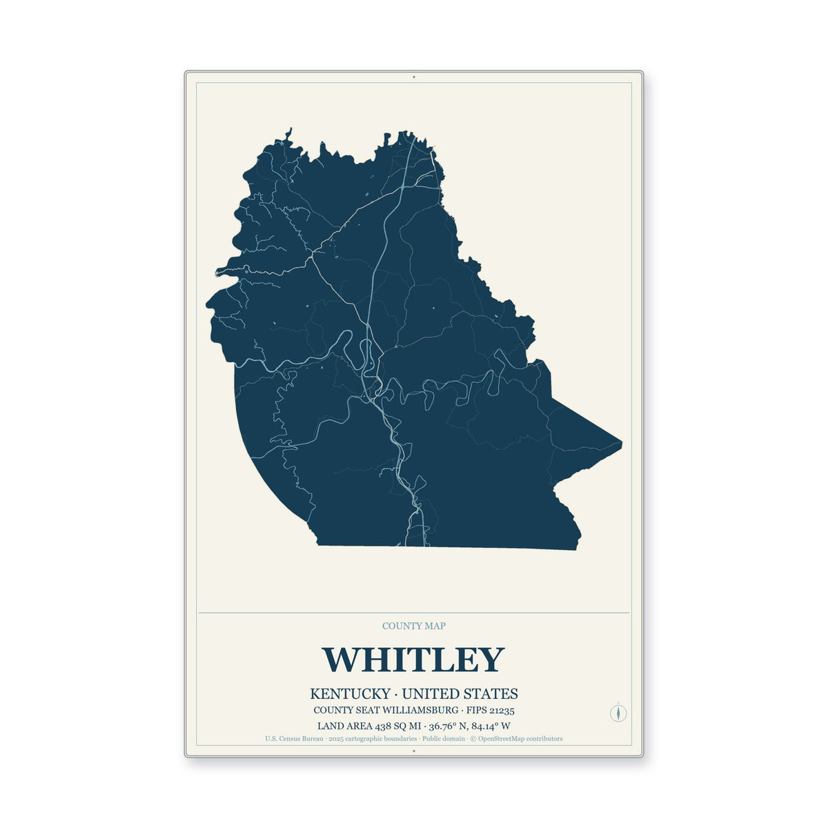 Whitley County, Kentucky Map Aluminum Sign in Coastal Cutout style