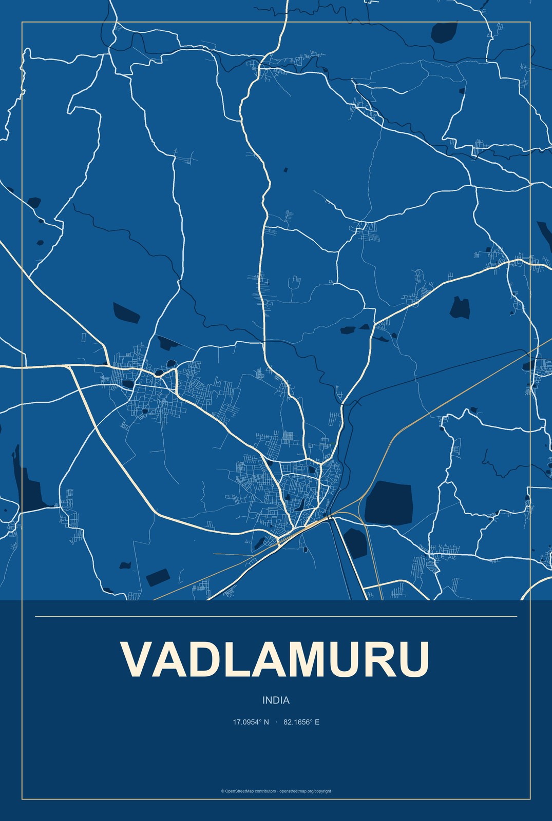vadlamuru, India City Map Aluminum Sign in Harbor Cobalt style
