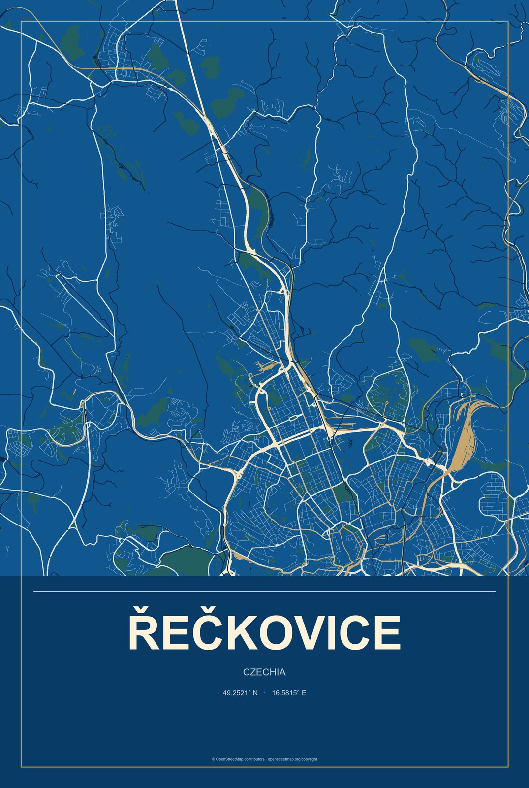 Řečkovice, Czechia City Map Aluminum Sign in Harbor Cobalt style