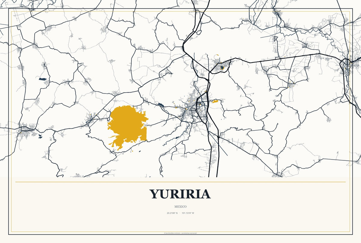 Yuriria, Mexico City Map Aluminum Sign in Citrine Modern style