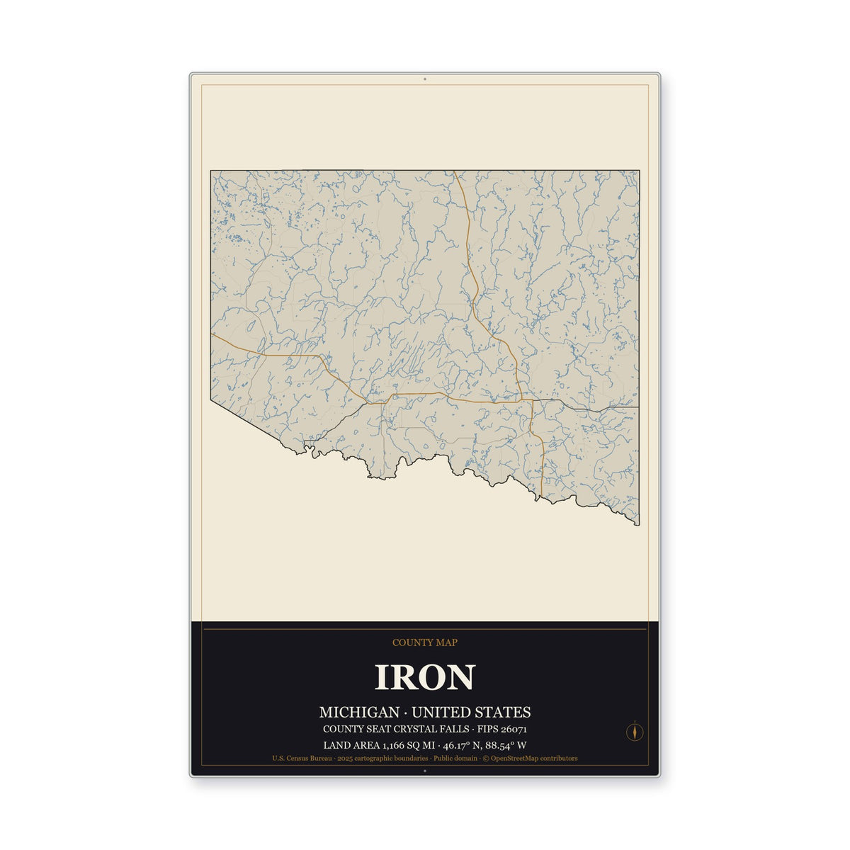 Iron County, Michigan Map Aluminum Sign in Museum Plaque style