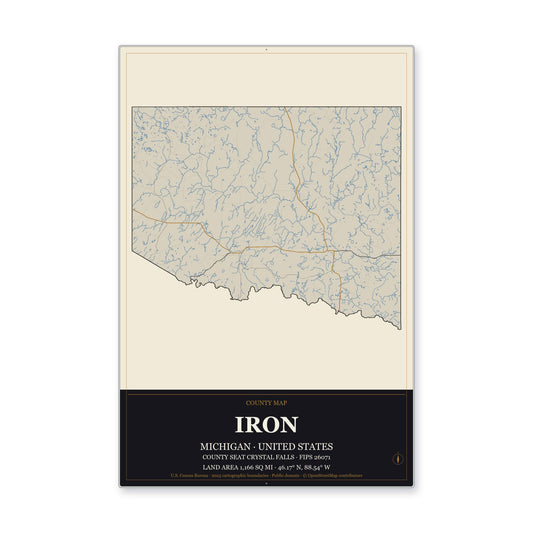 Iron County, Michigan Map Aluminum Sign in Museum Plaque style