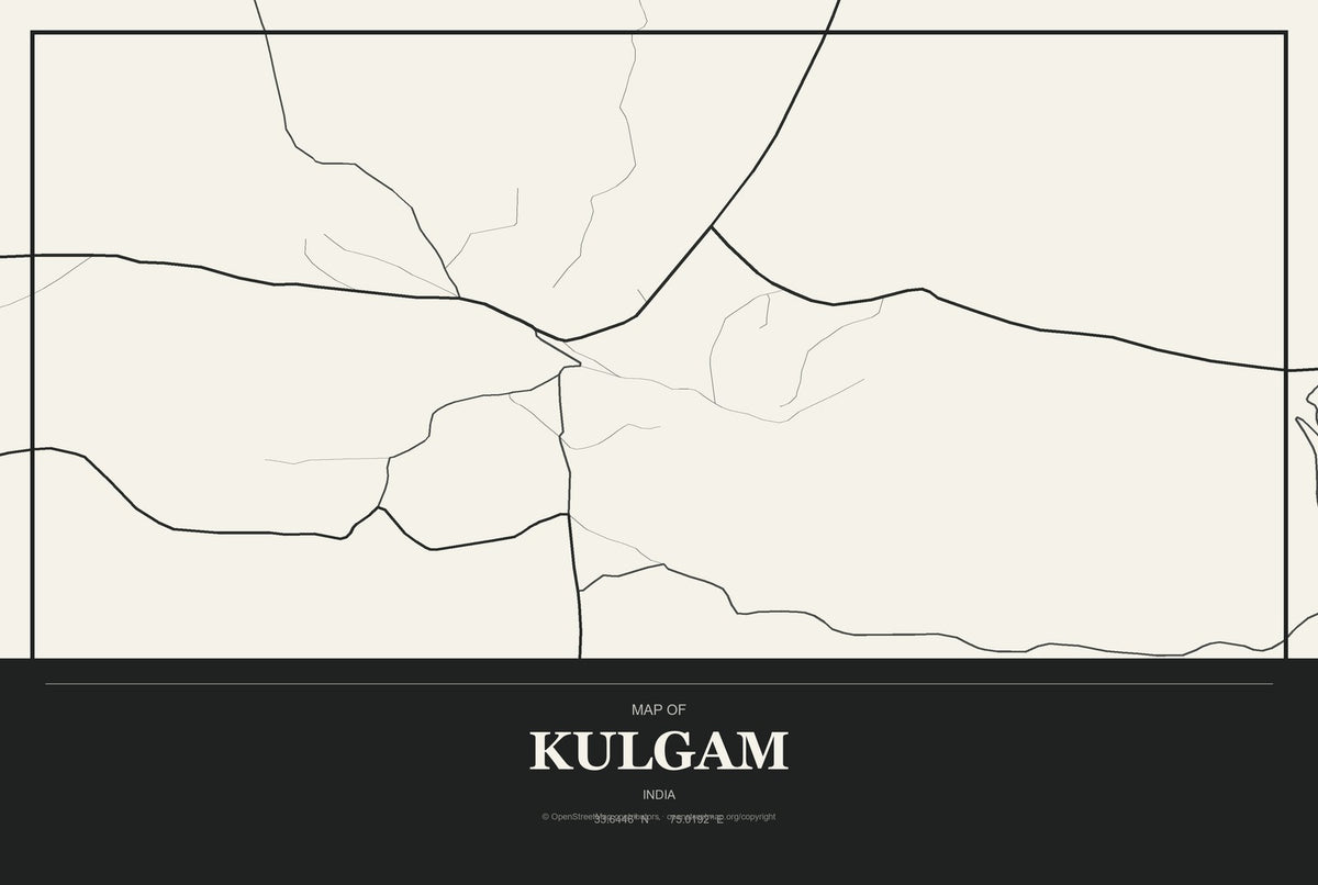 Kulgam, India City Map Aluminum Sign in Museum Plaque style