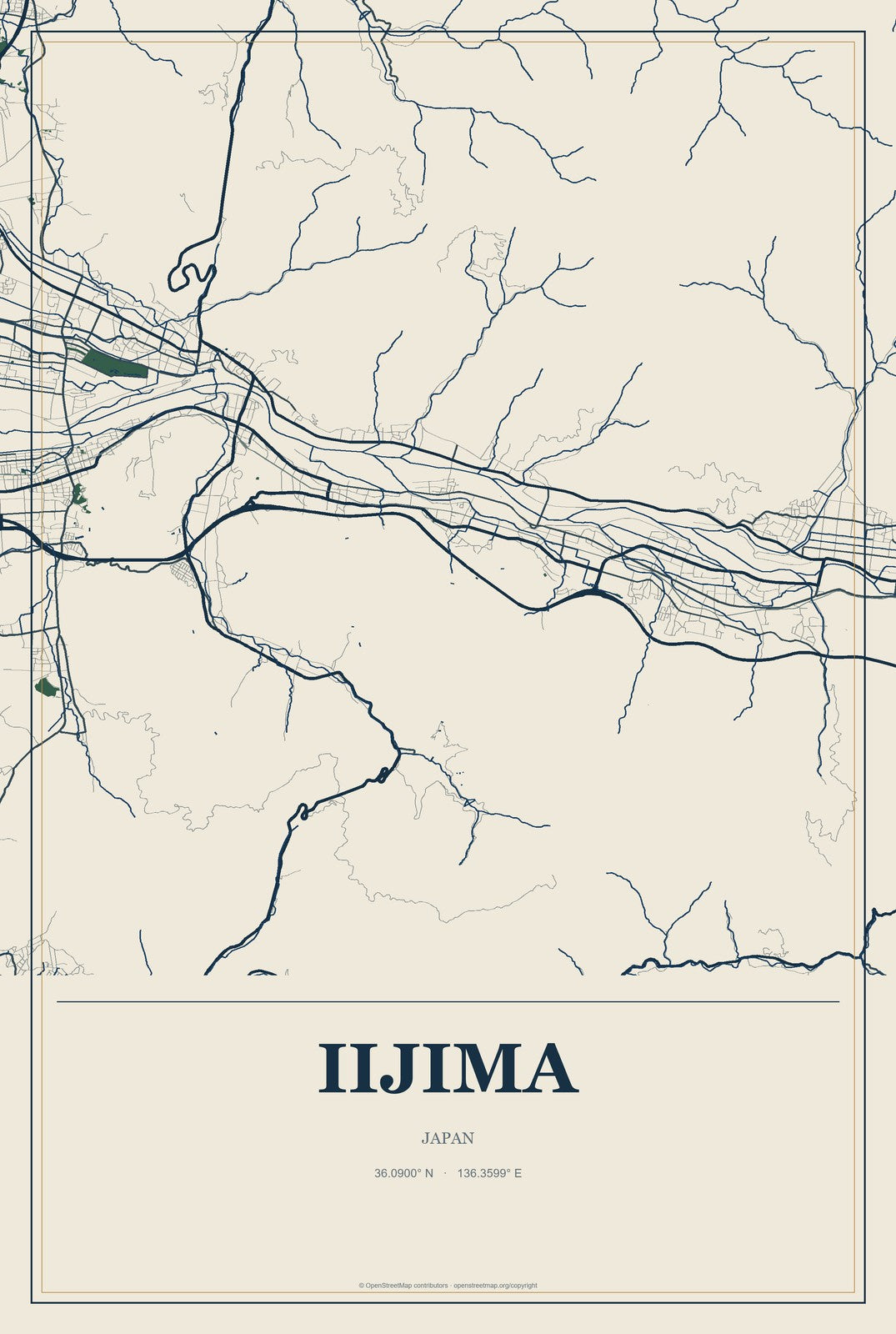 Iijima, Japan City Map Aluminum Sign in Coastal Cutout style
