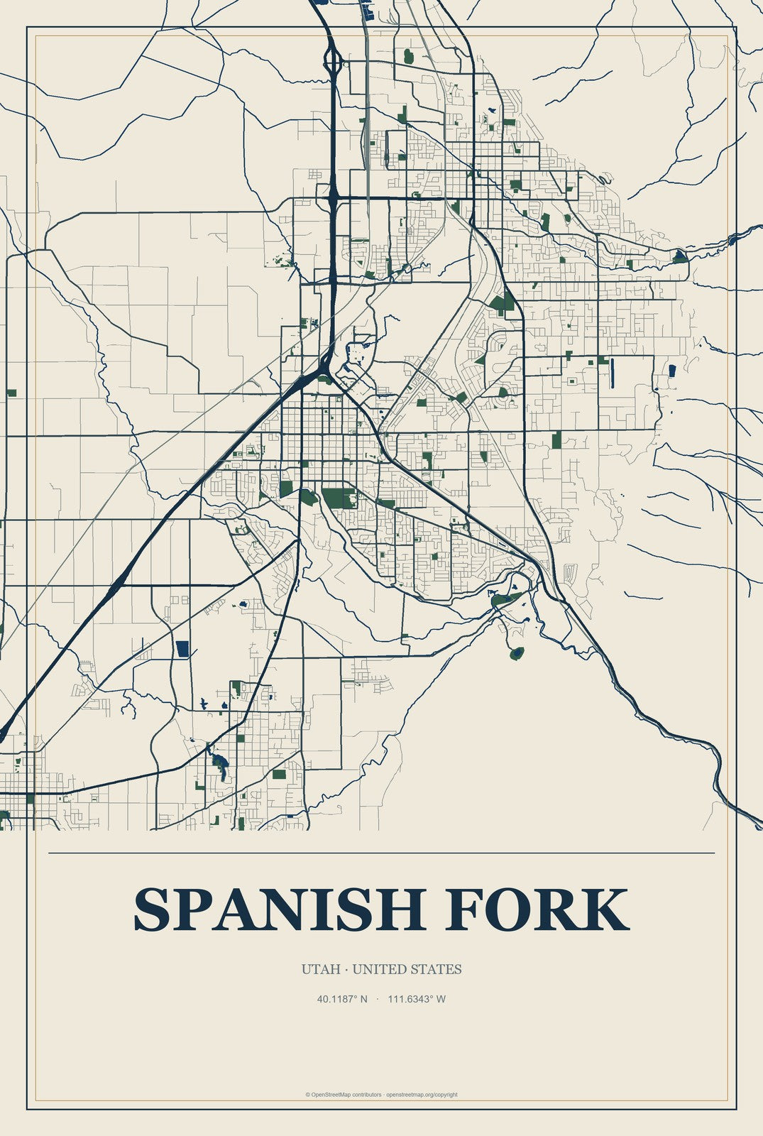 Spanish Fork, Utah City Map Aluminum Sign in Coastal Cutout style