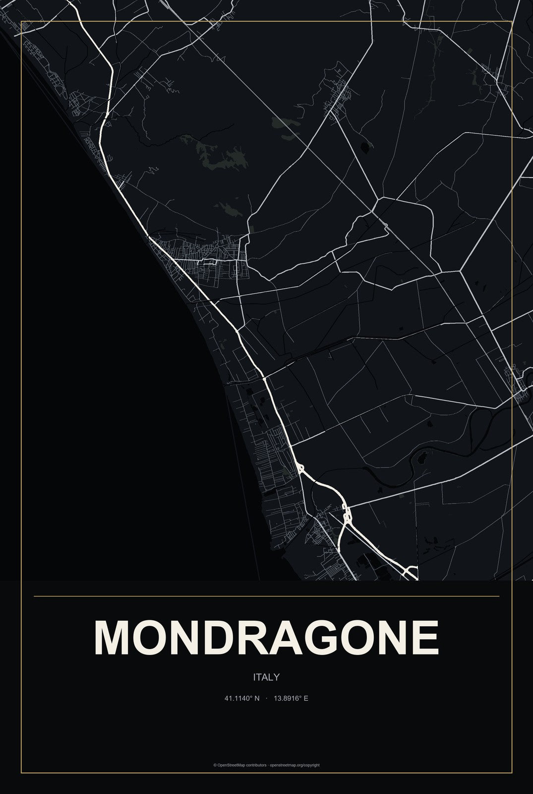 Mondragone, Italy City Map Aluminum Sign in Metropolitan Noir style