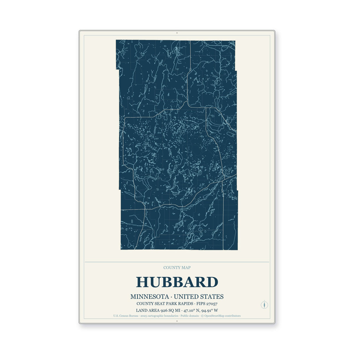 Hubbard County, Minnesota Map Aluminum Sign in Coastal Cutout style
