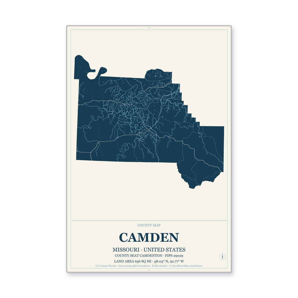 Camden County, Missouri Map Aluminum Sign in Coastal Cutout style
