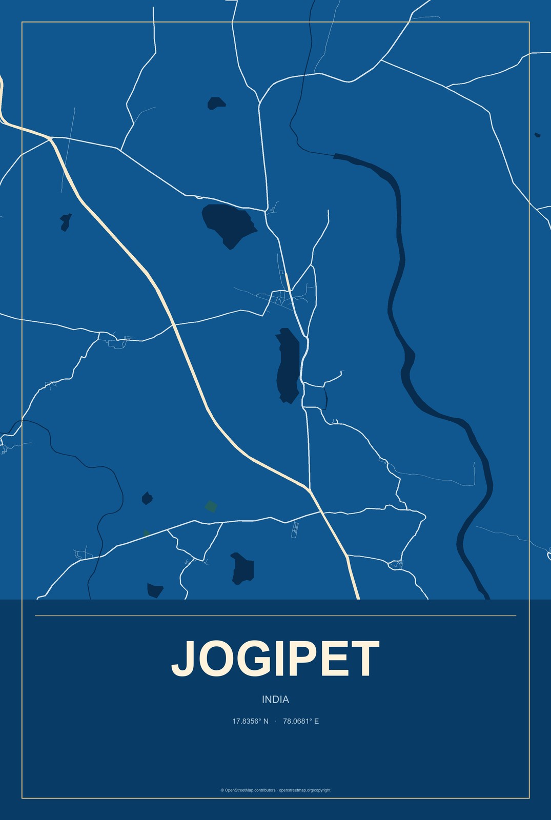 Jogipet, India City Map Aluminum Sign in Harbor Cobalt style