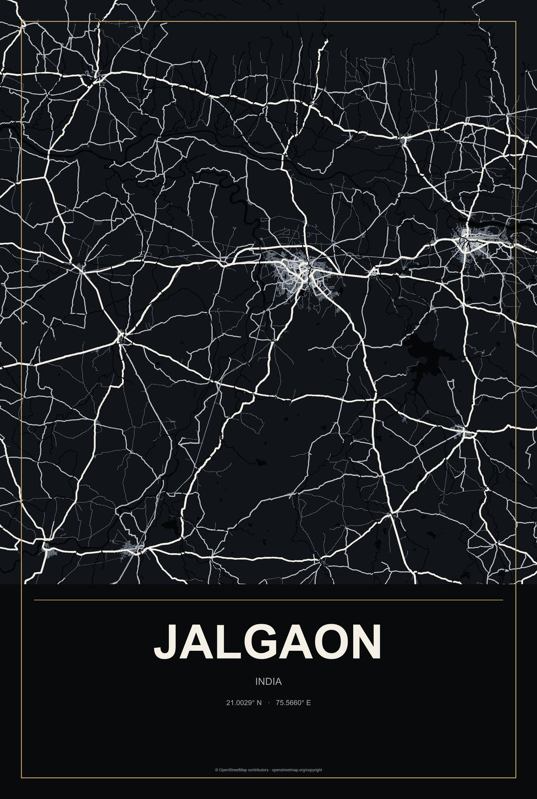 Jalgaon, India City Map Aluminum Sign in Metropolitan Noir style