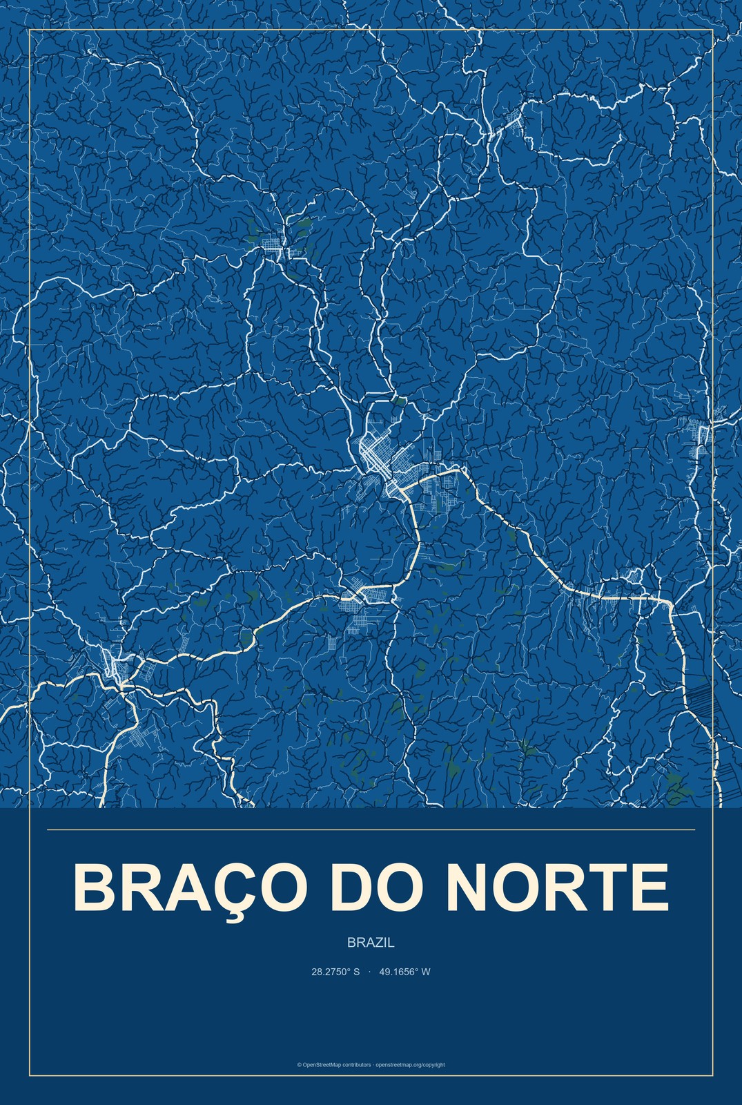 Braço do Norte, Brazil City Map Aluminum Sign in Harbor Cobalt style