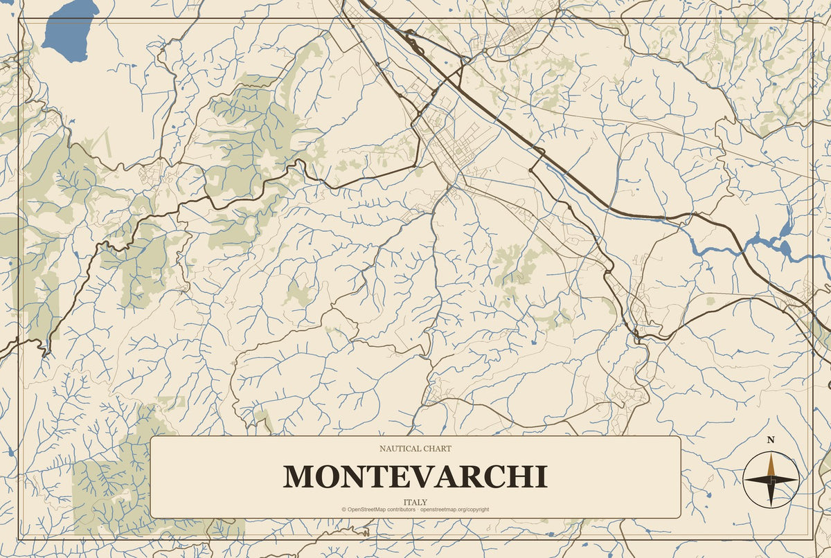 Montevarchi, Italy City Map Aluminum Sign in Heritage Nautical style