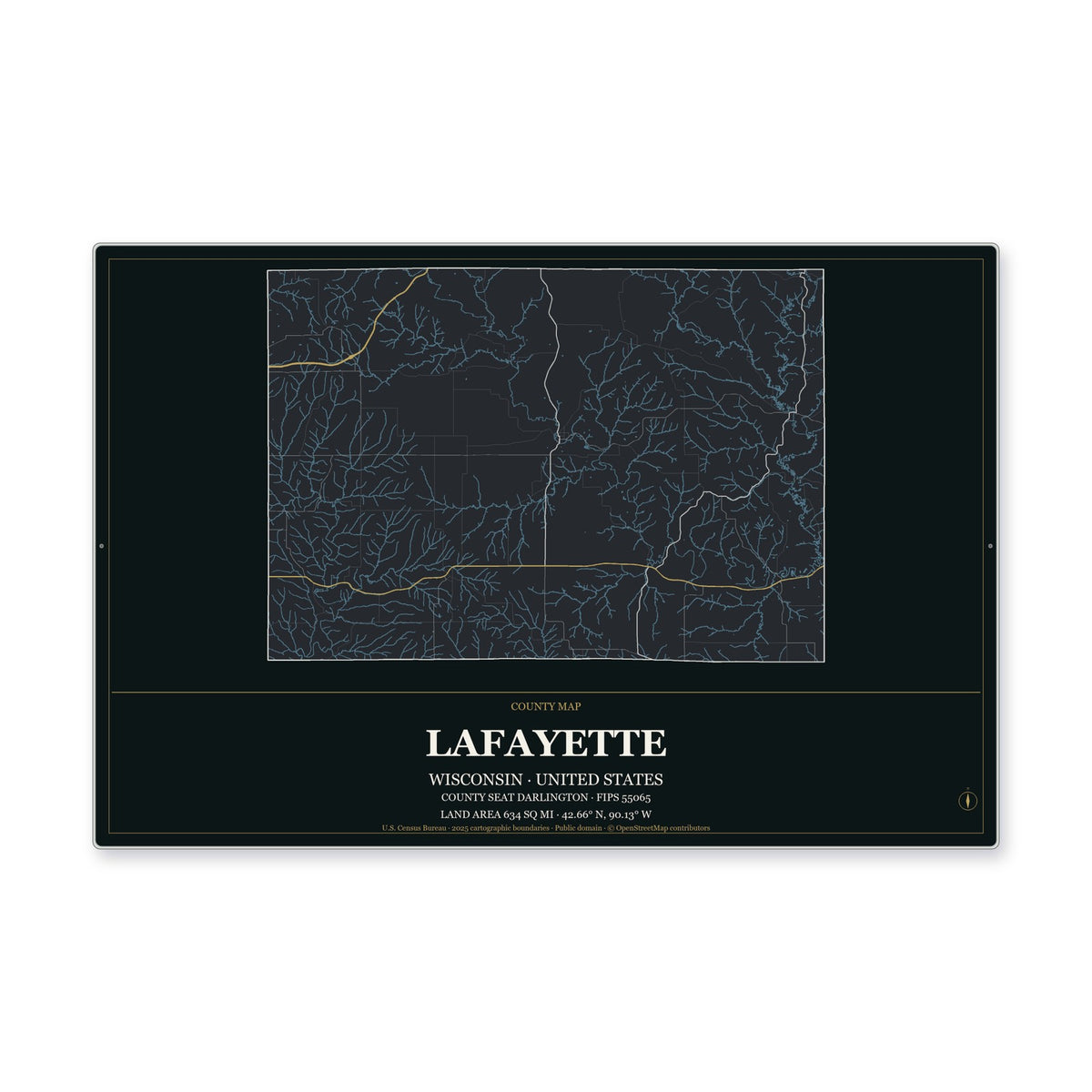 Lafayette County, Wisconsin Map Aluminum Sign in Metropolitan Noir style