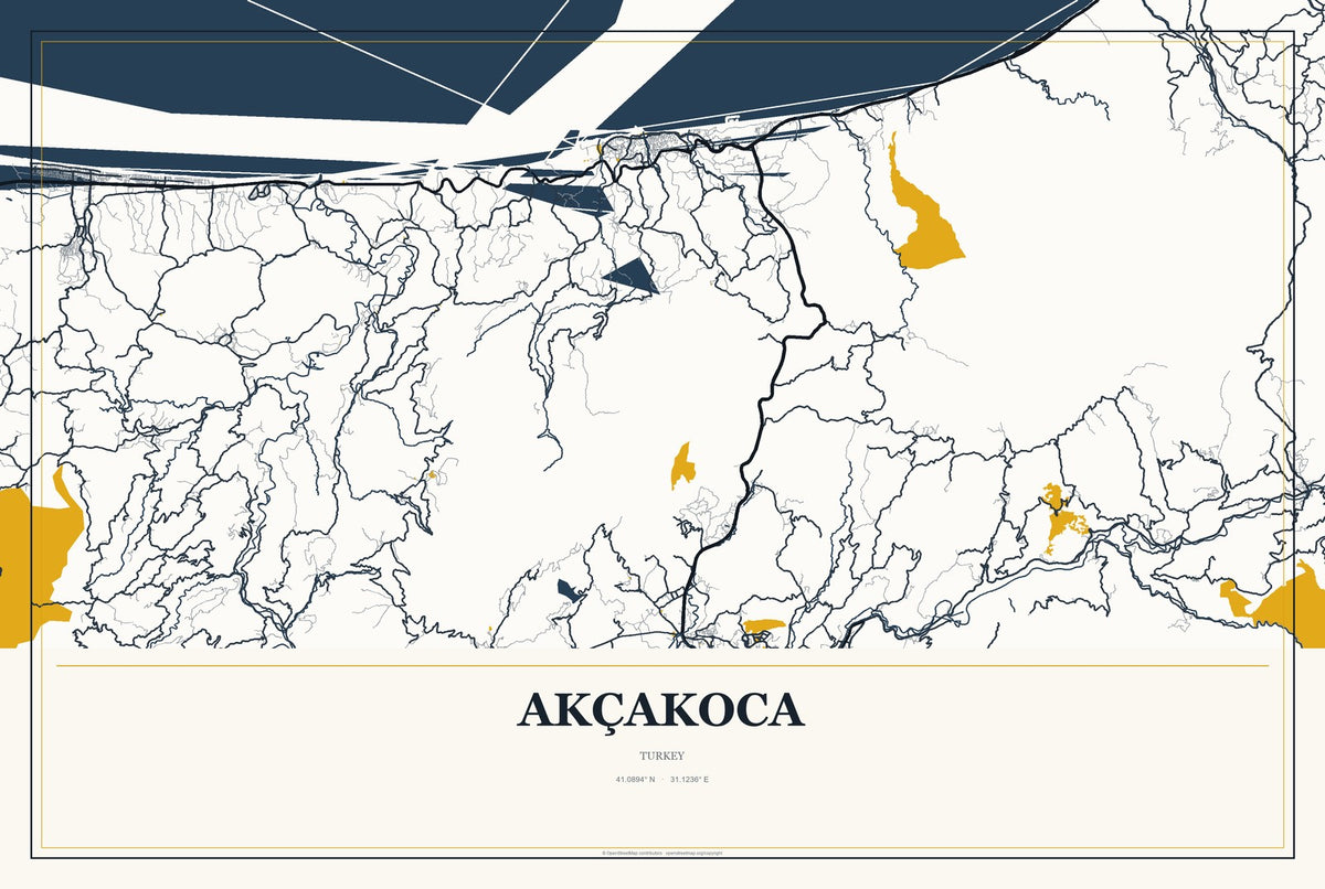 Akçakoca, Turkey City Map Aluminum Sign in Citrine Modern style