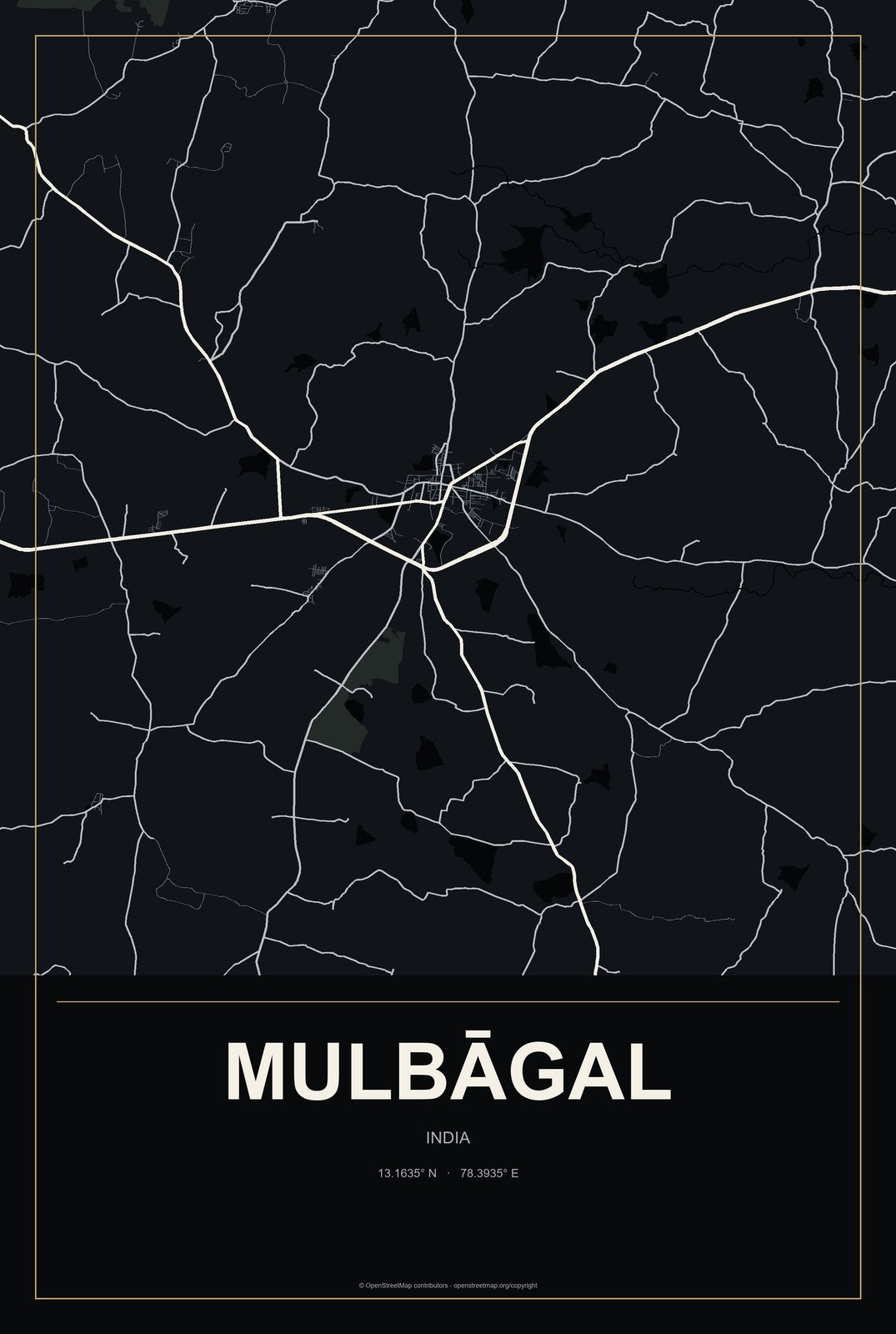 Mulbāgal, India City Map Aluminum Sign in Metropolitan Noir style
