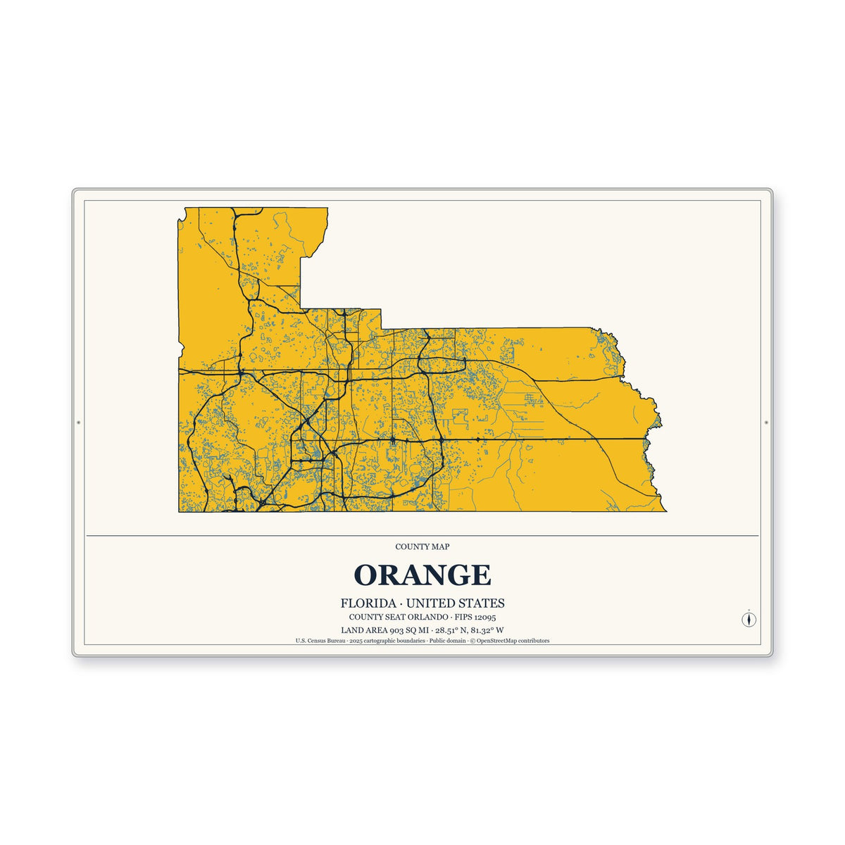 Orange County, Florida Map Aluminum Sign in Citrine Modern style