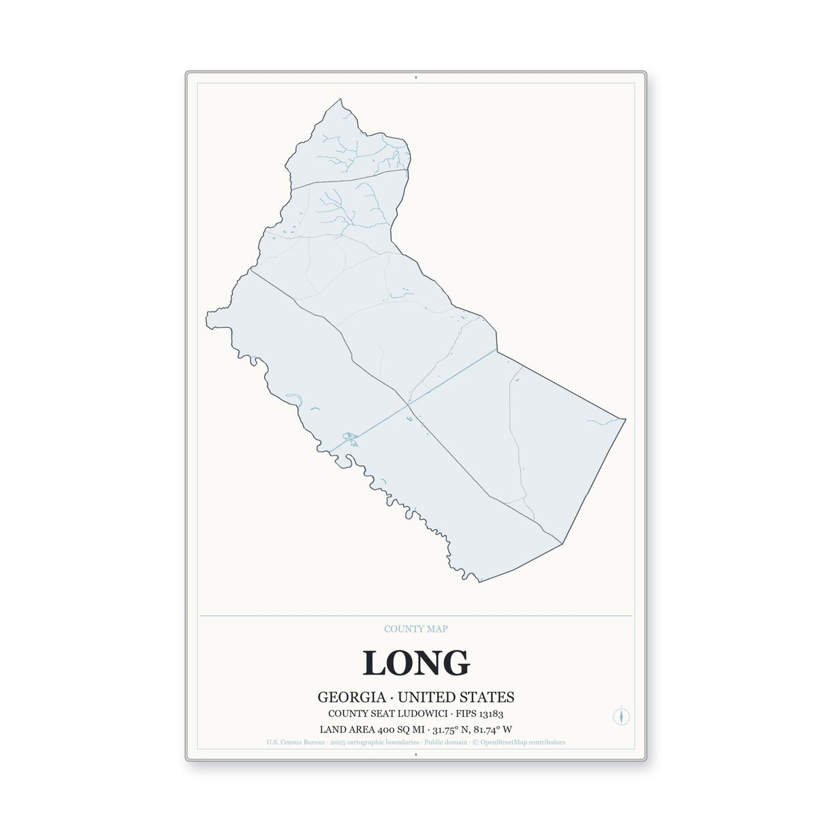 Long County, Georgia Map Aluminum Sign in Gallery Air style