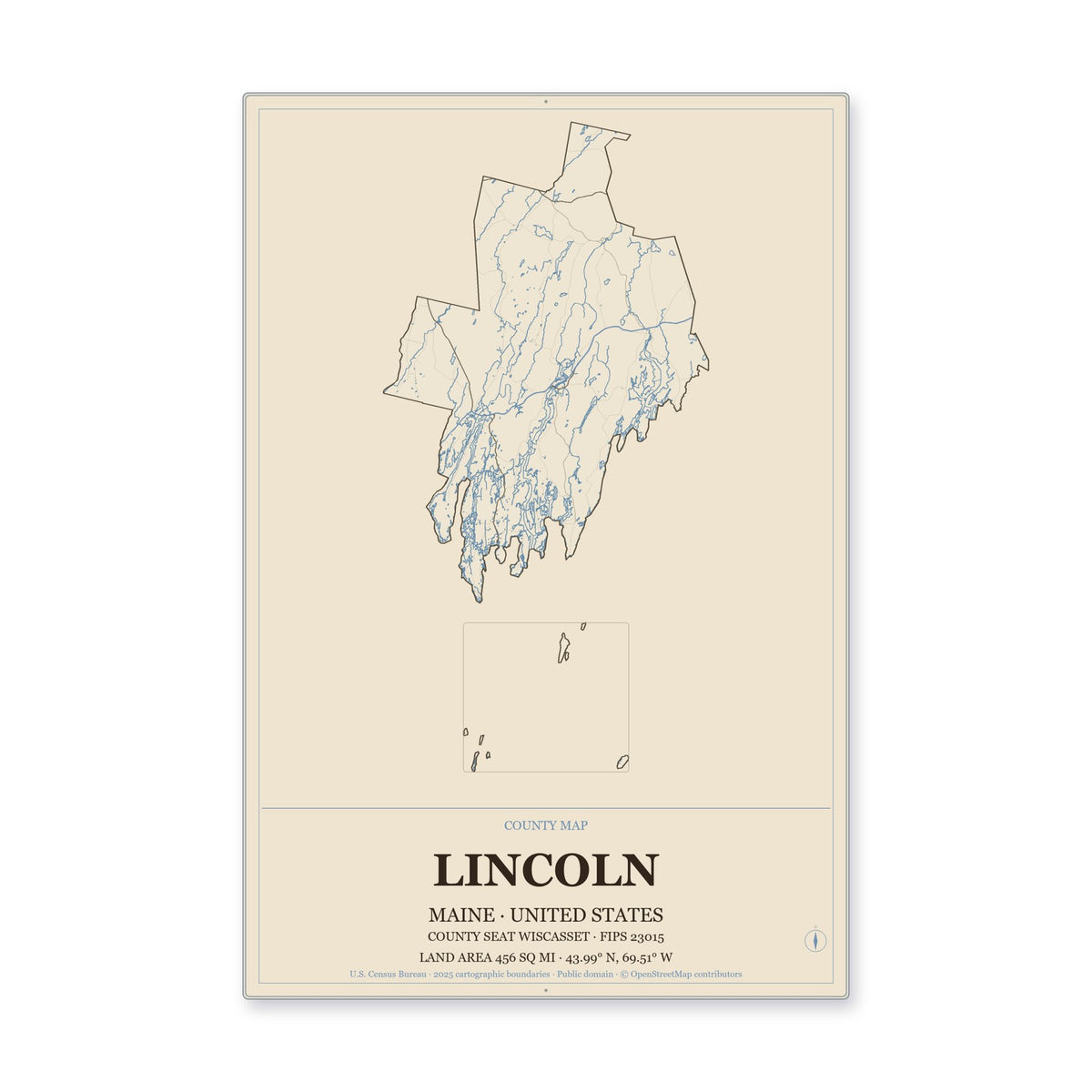 Lincoln County, Maine Map Aluminum Sign in Heritage Nautical style