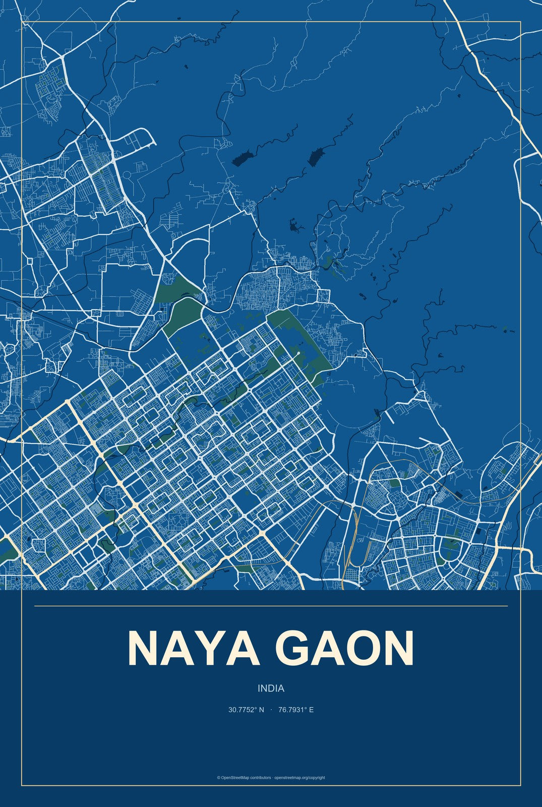 Naya Gaon, India City Map Aluminum Sign in Harbor Cobalt style