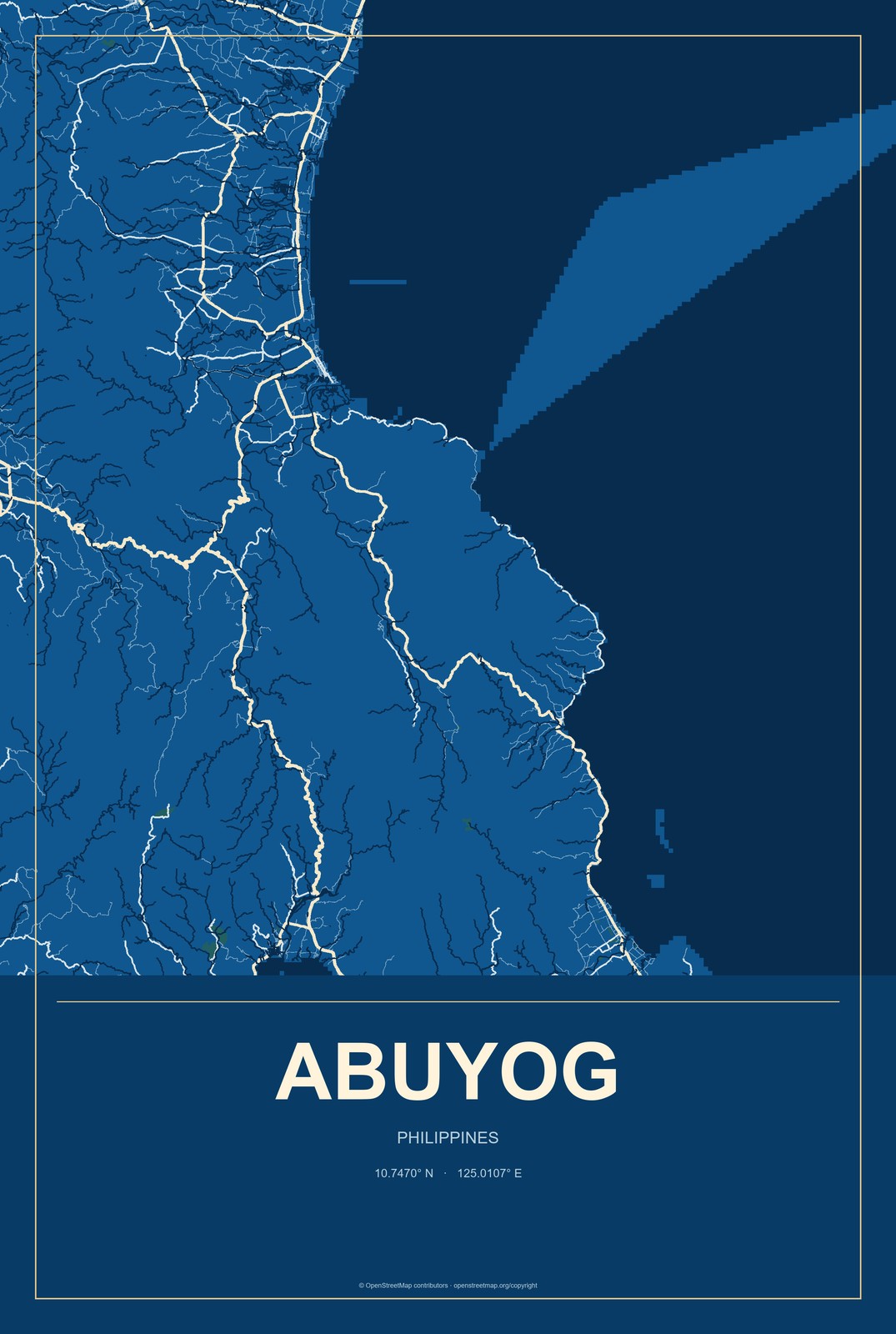 Abuyog, Philippines City Map Aluminum Sign in Harbor Cobalt style