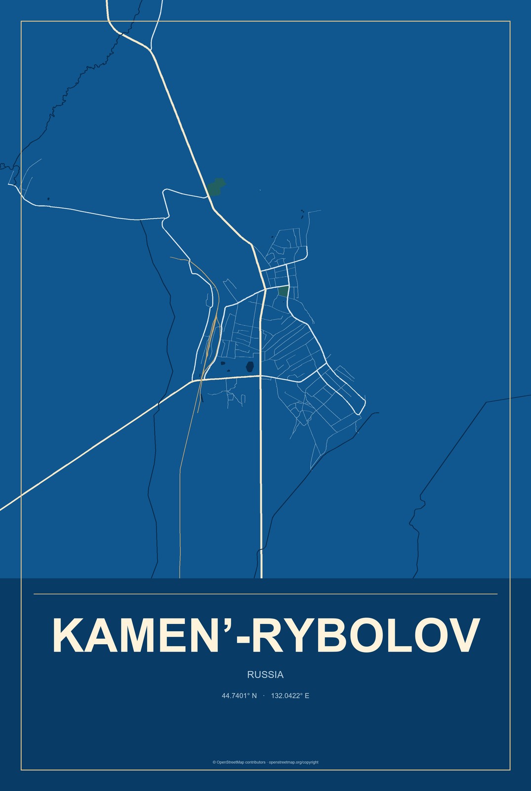 Kamen’-Rybolov, Russia City Map Aluminum Sign in Harbor Cobalt style