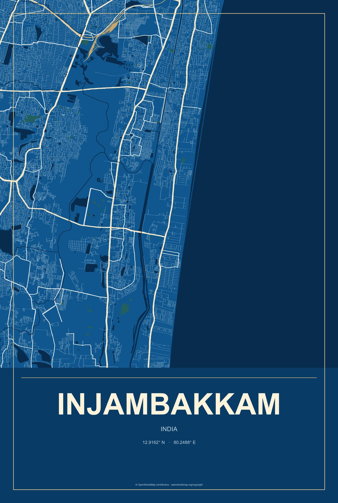 Injambakkam, India City Map Aluminum Sign in Harbor Cobalt style