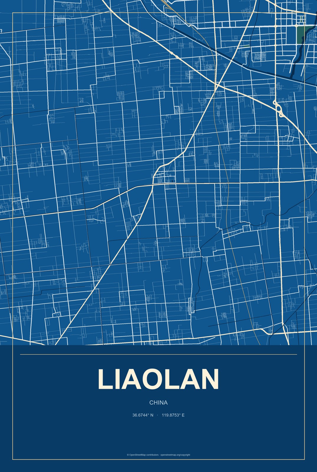 Liaolan, China City Map Aluminum Sign in Harbor Cobalt style