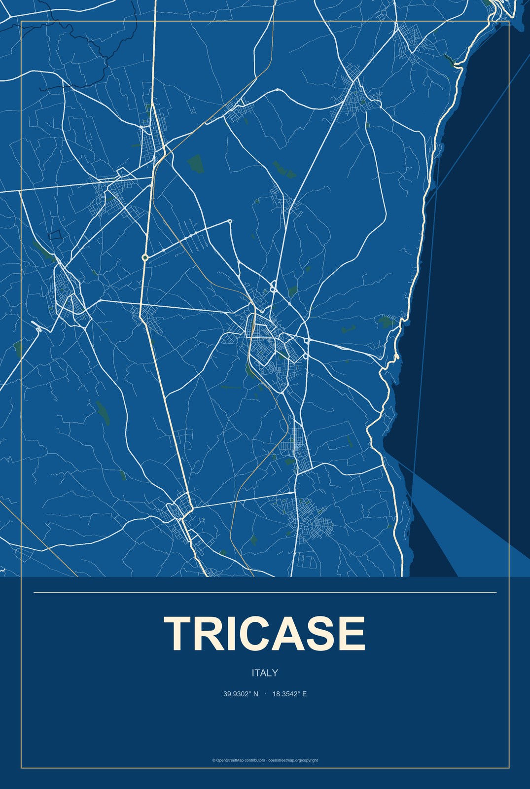 Tricase, Italy City Map Aluminum Sign in Harbor Cobalt style