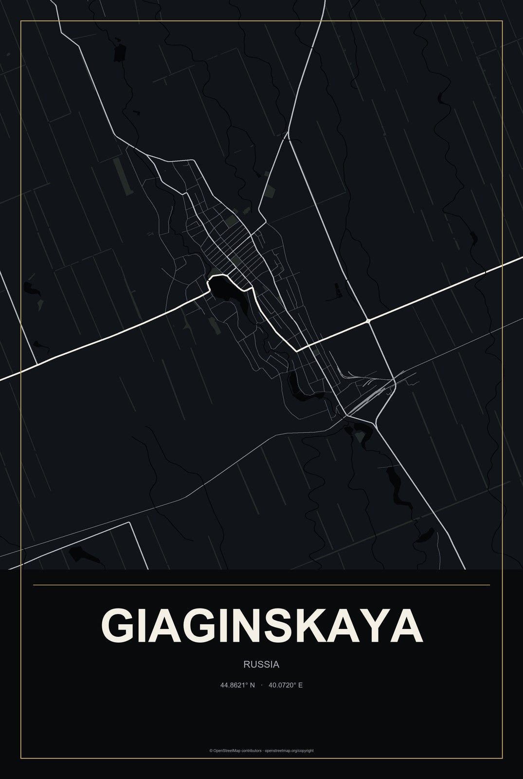 Giaginskaya, Russia City Map Aluminum Sign in Metropolitan Noir style