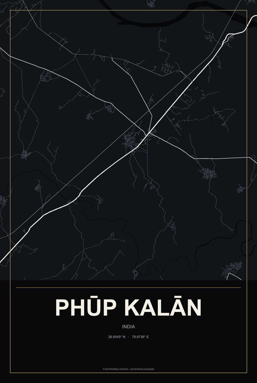 Phūp Kalān, India City Map Aluminum Sign in Metropolitan Noir style
