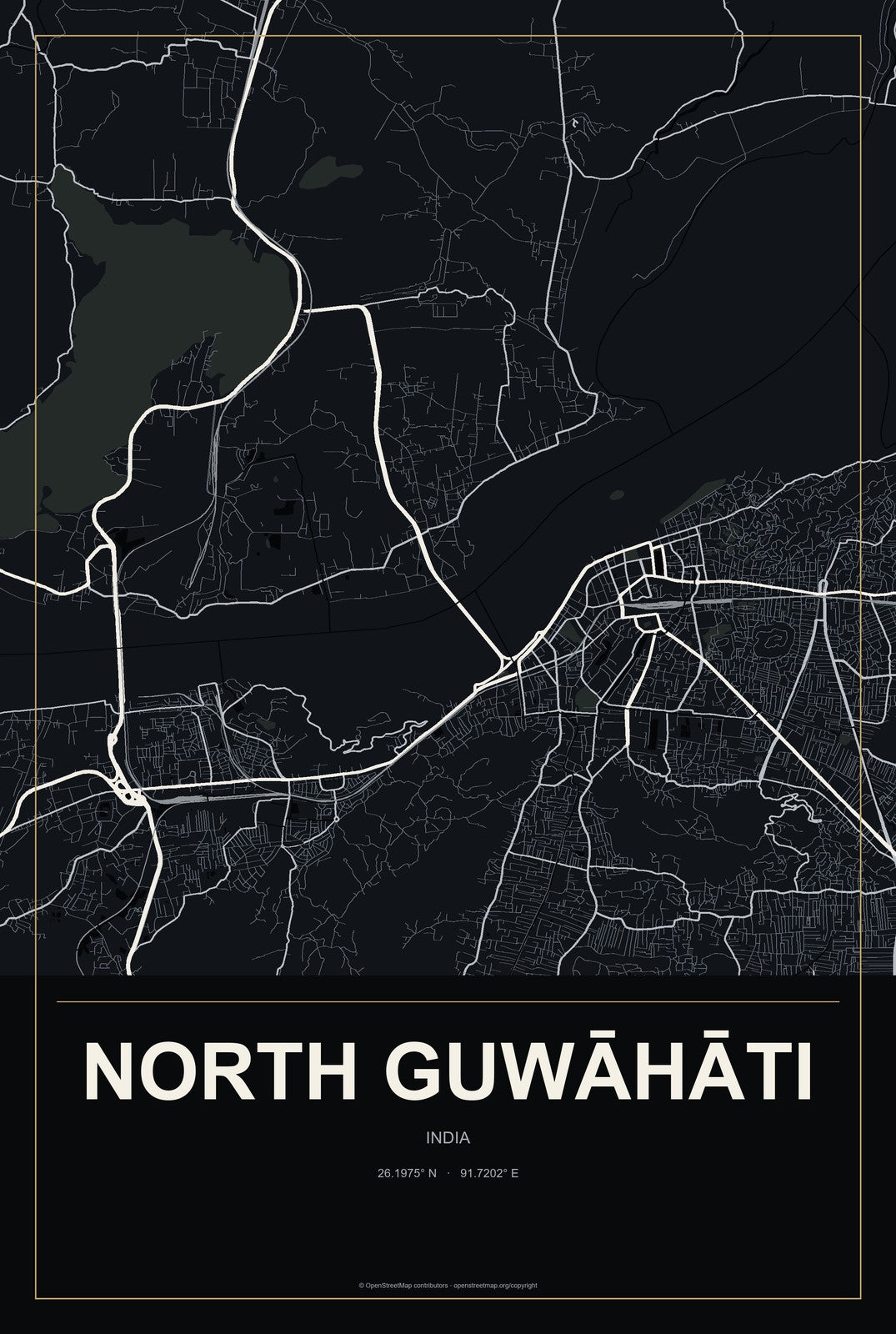 North Guwāhāti, India City Map Aluminum Sign in Metropolitan Noir style