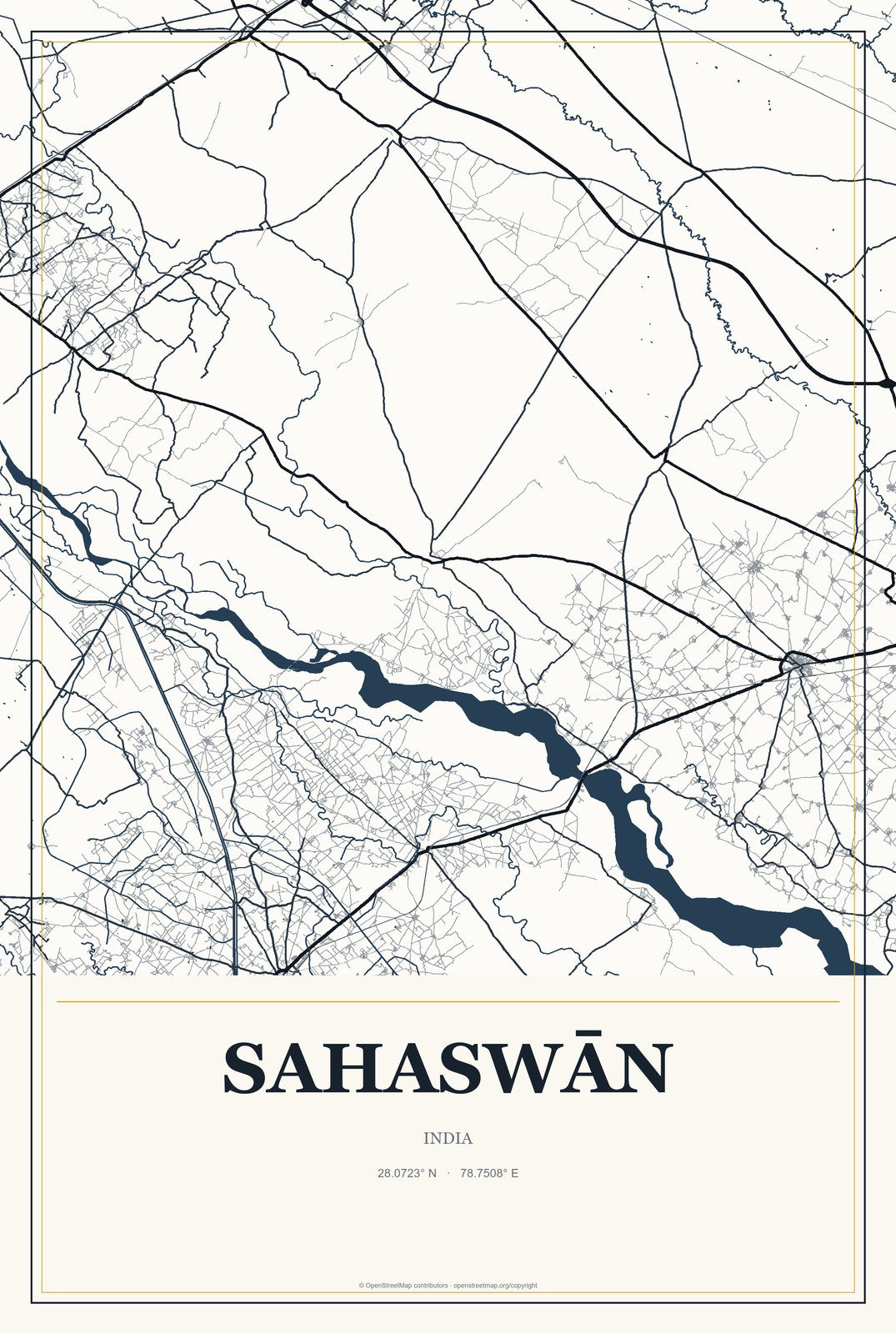 Sahaswān, India City Map Aluminum Sign in Citrine Modern style