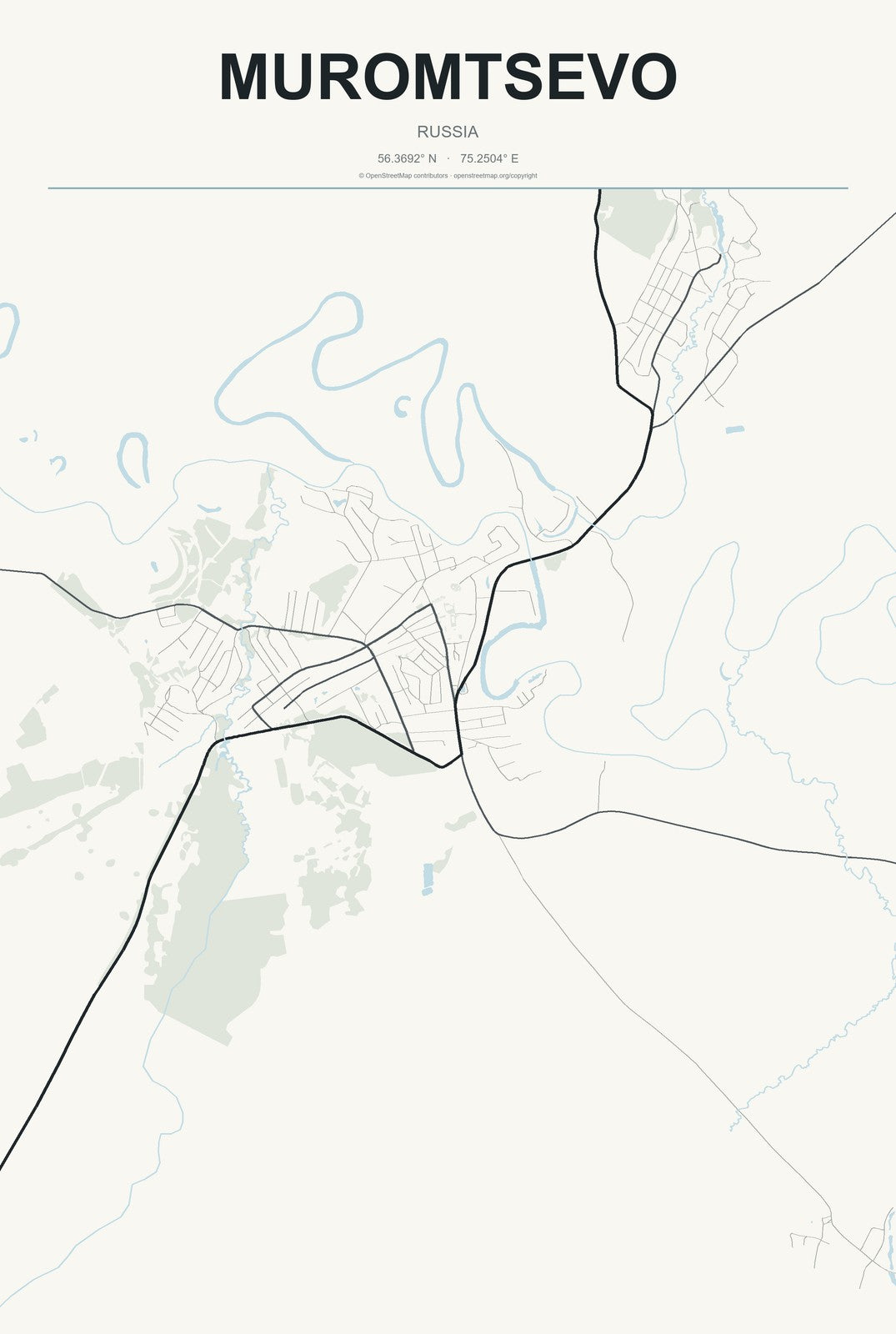 Muromtsevo, Russia City Map Aluminum Sign in Headline Atlas style
