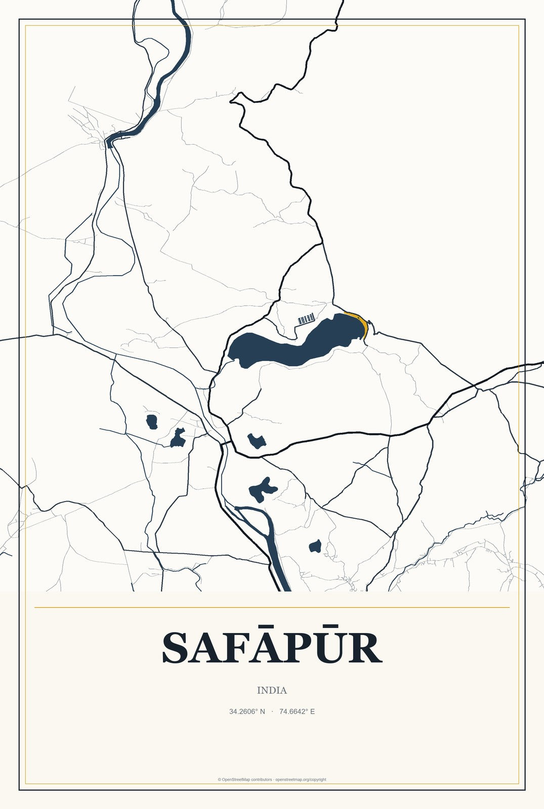 Safāpūr, India City Map Aluminum Sign in Citrine Modern style