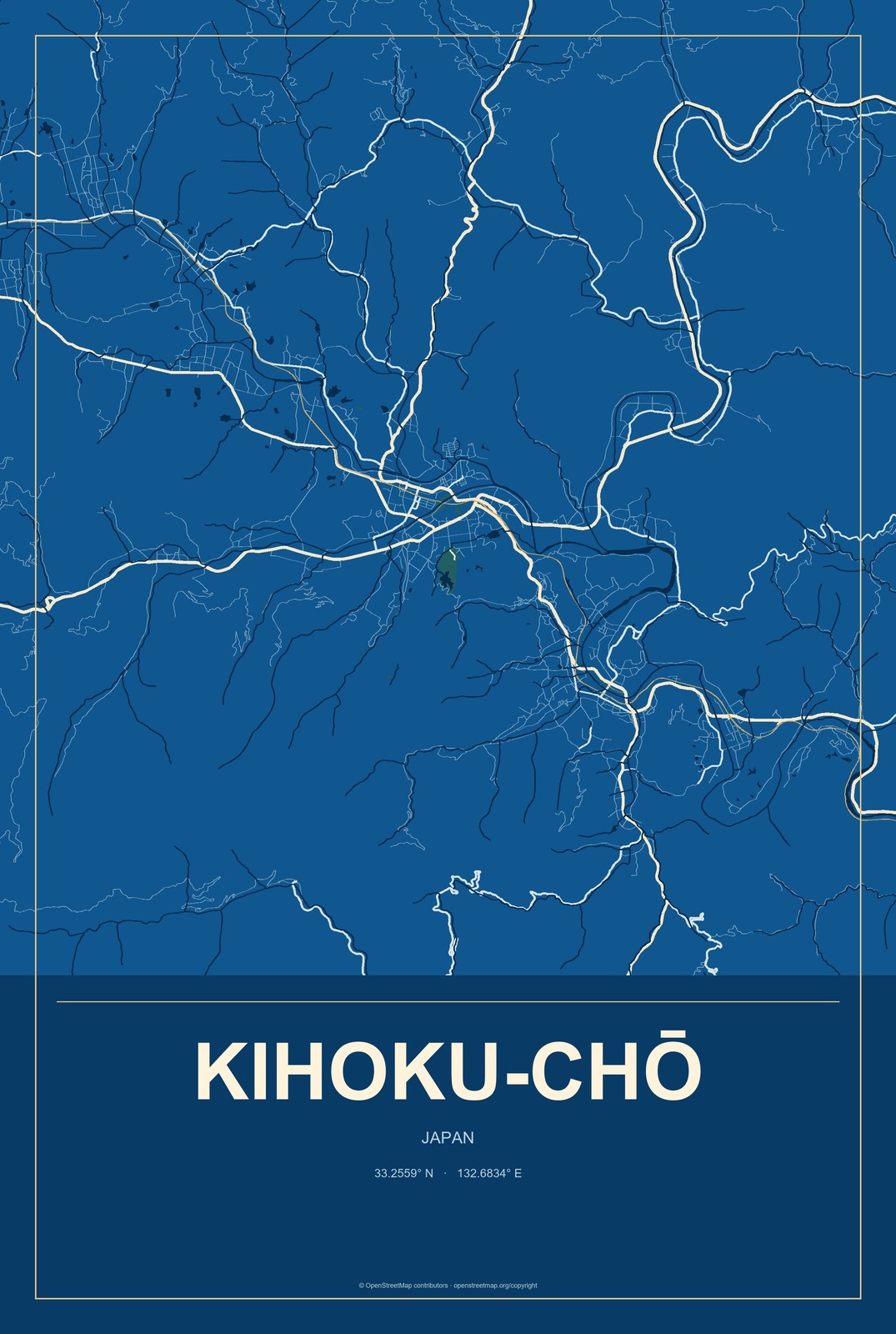 Kihoku-chō, Japan City Map Aluminum Sign in Harbor Cobalt style