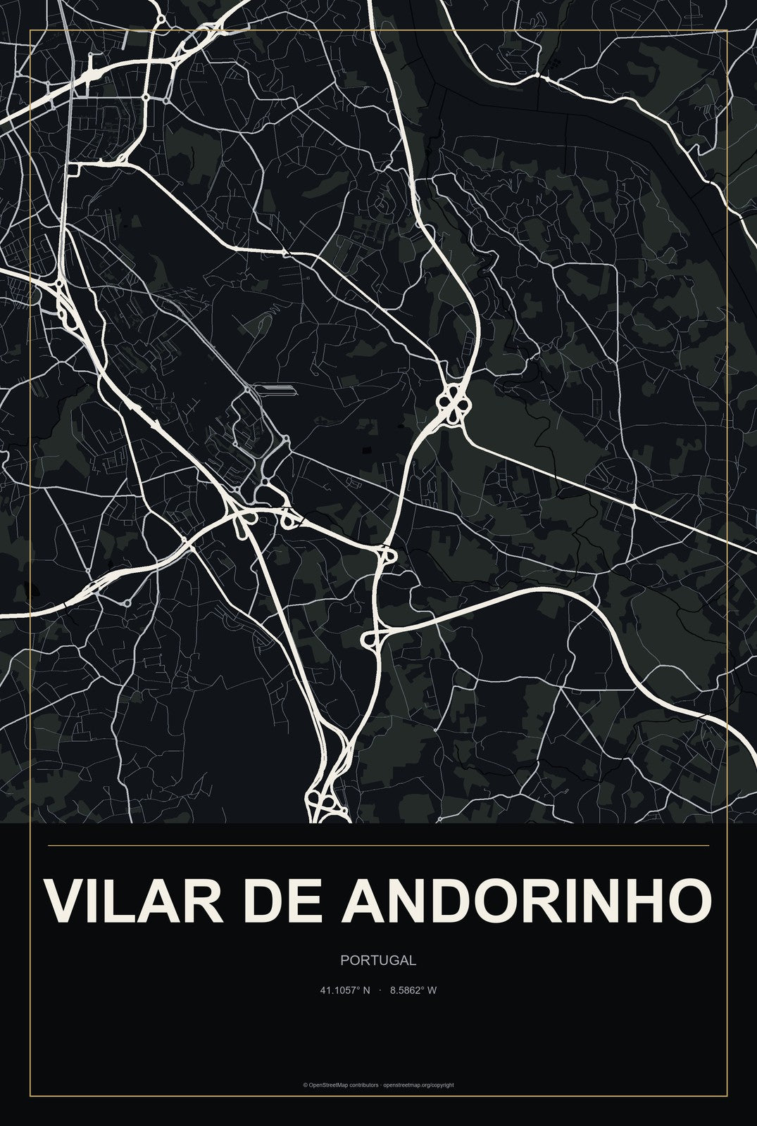 Vilar de Andorinho, Portugal City Map Aluminum Sign in Metropolitan Noir style