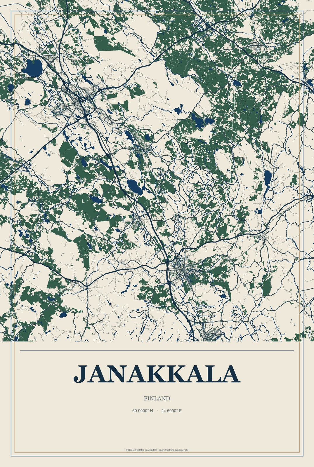 Janakkala, Finland City Map Aluminum Sign in Coastal Cutout style