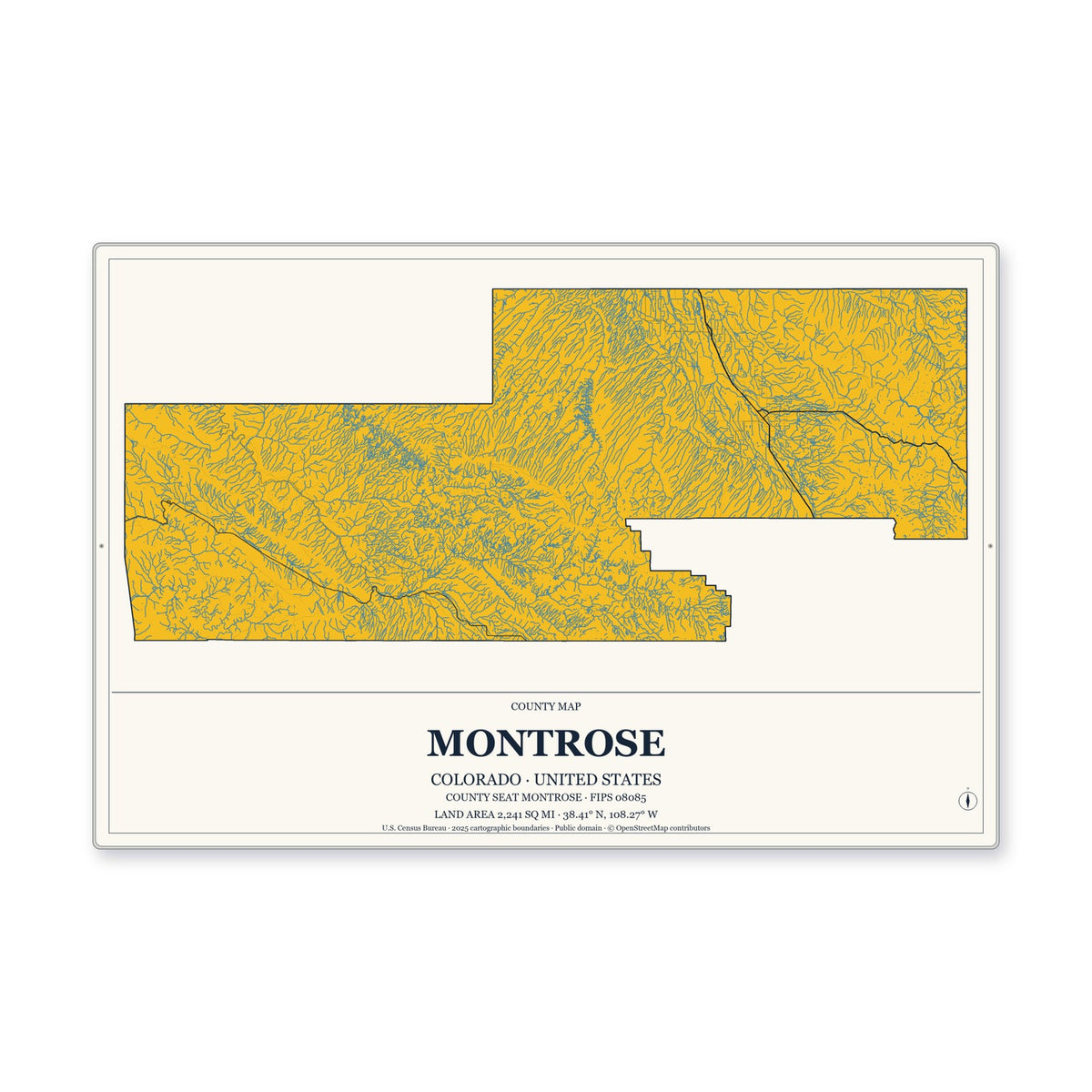 Montrose County, Colorado Map Aluminum Sign in Citrine Modern style