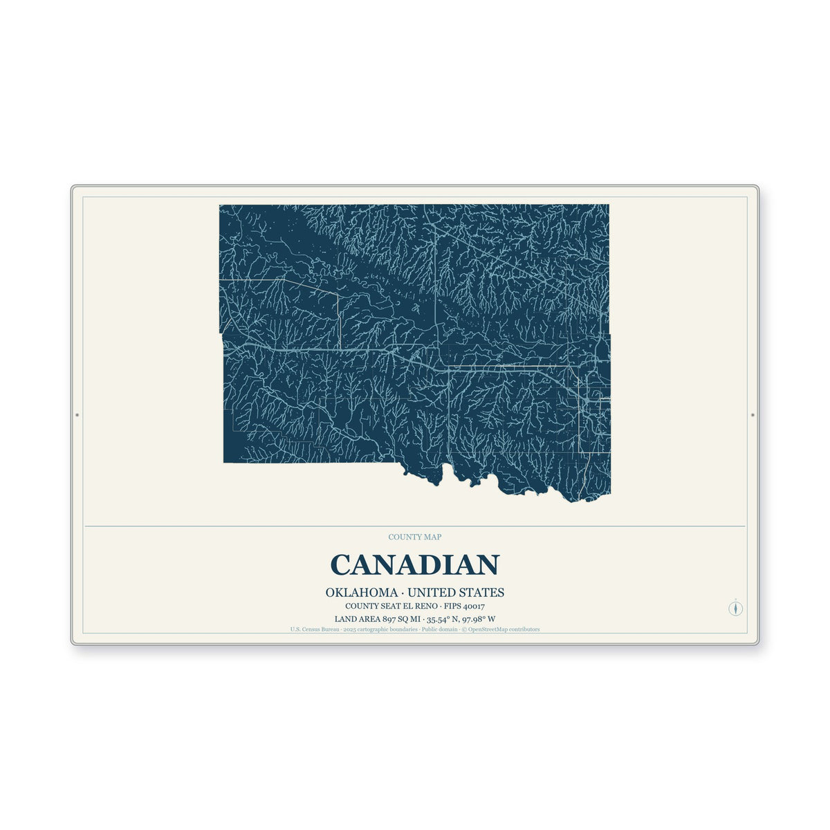 Canadian County, Oklahoma Map Aluminum Sign in Coastal Cutout style