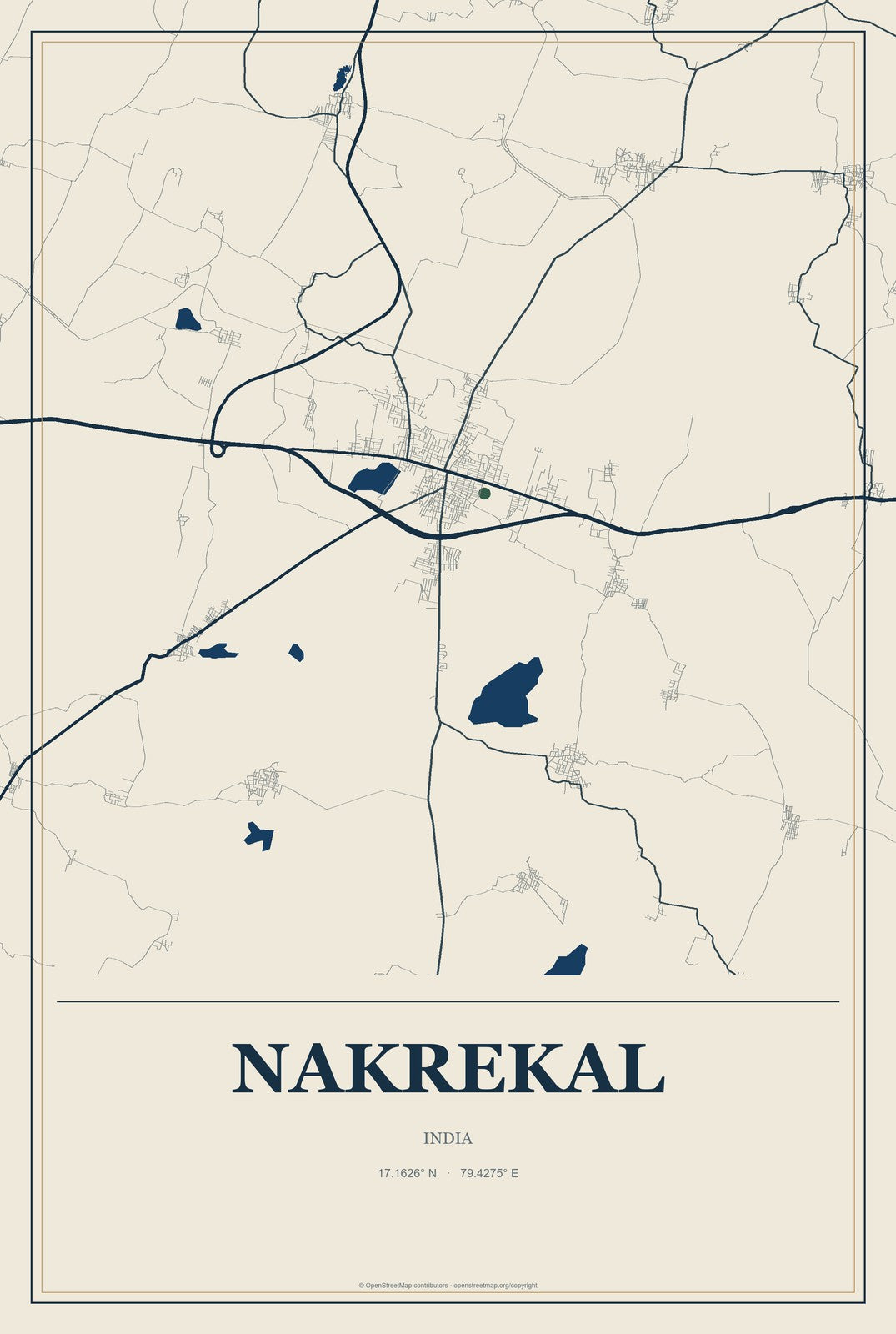 Nakrekal, India City Map Aluminum Sign in Coastal Cutout style