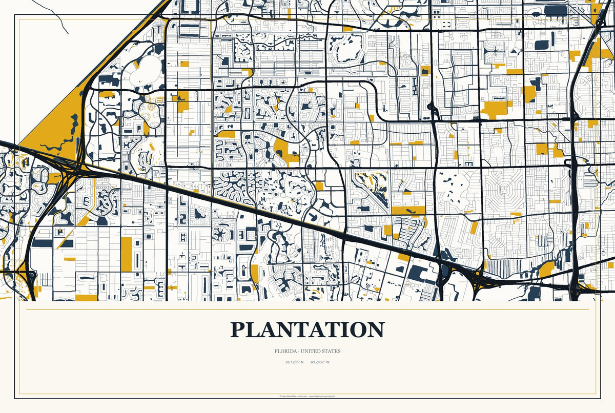 Plantation, Florida City Map Aluminum Sign in Citrine Modern style