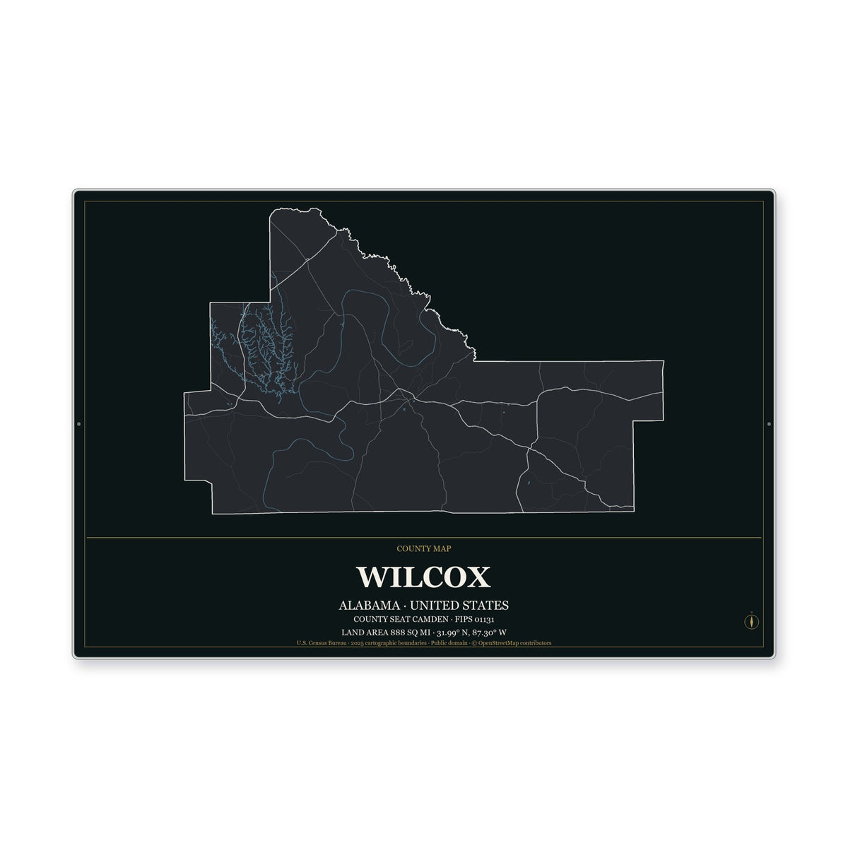 Wilcox County, Alabama Map Aluminum Sign in Metropolitan Noir style