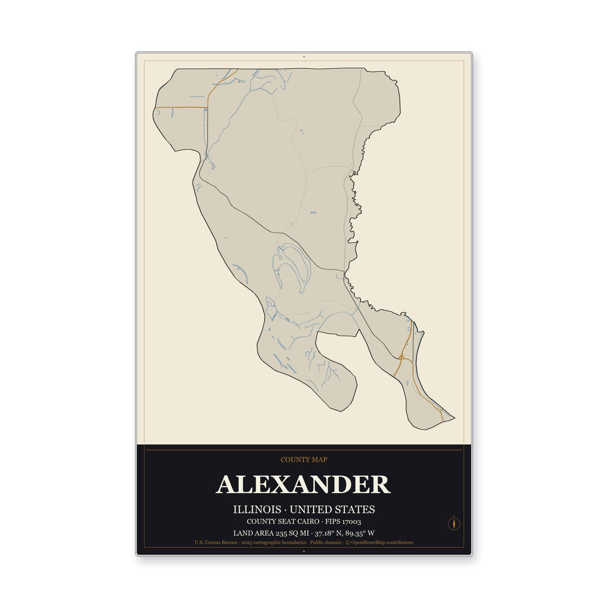 Alexander County, Illinois Map Aluminum Sign in Museum Plaque style