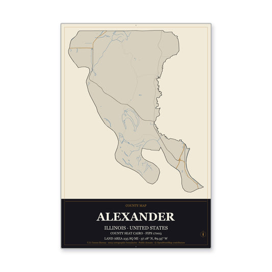 Alexander County, Illinois Map Aluminum Sign in Museum Plaque style