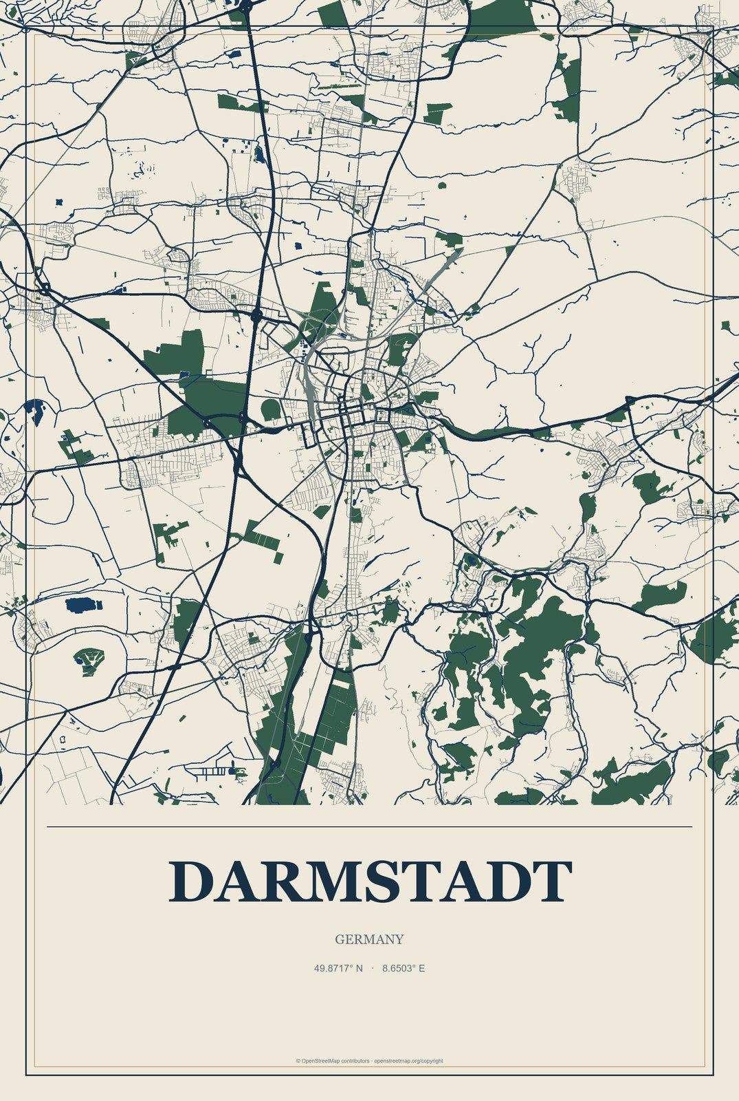 Darmstadt, Germany City Map Aluminum Sign in Coastal Cutout style
