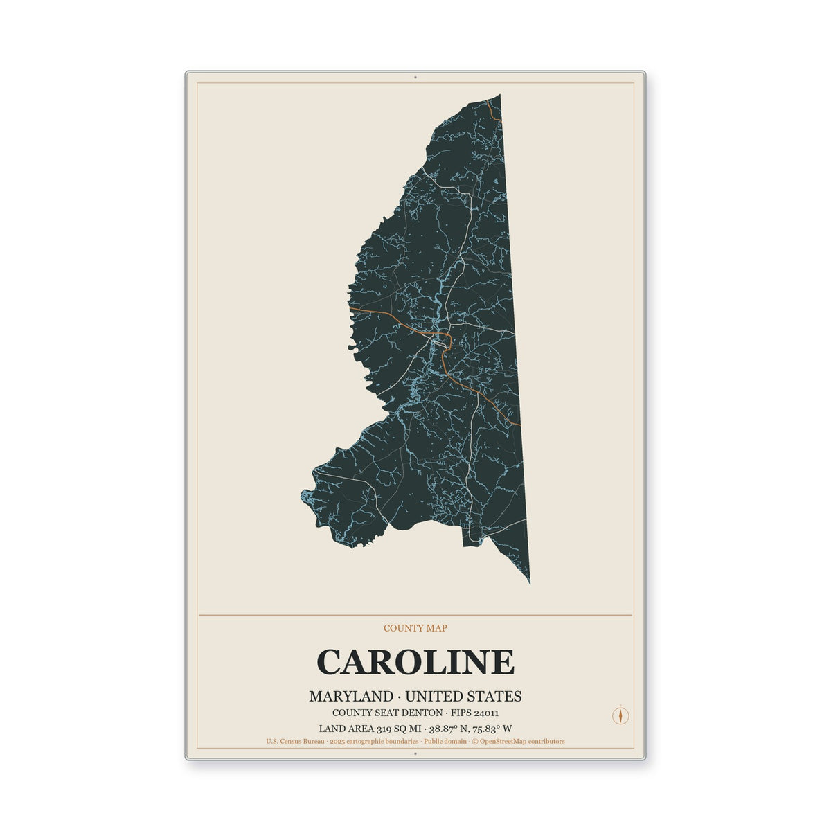 Caroline County, Maryland Map Aluminum Sign in Headline Atlas style