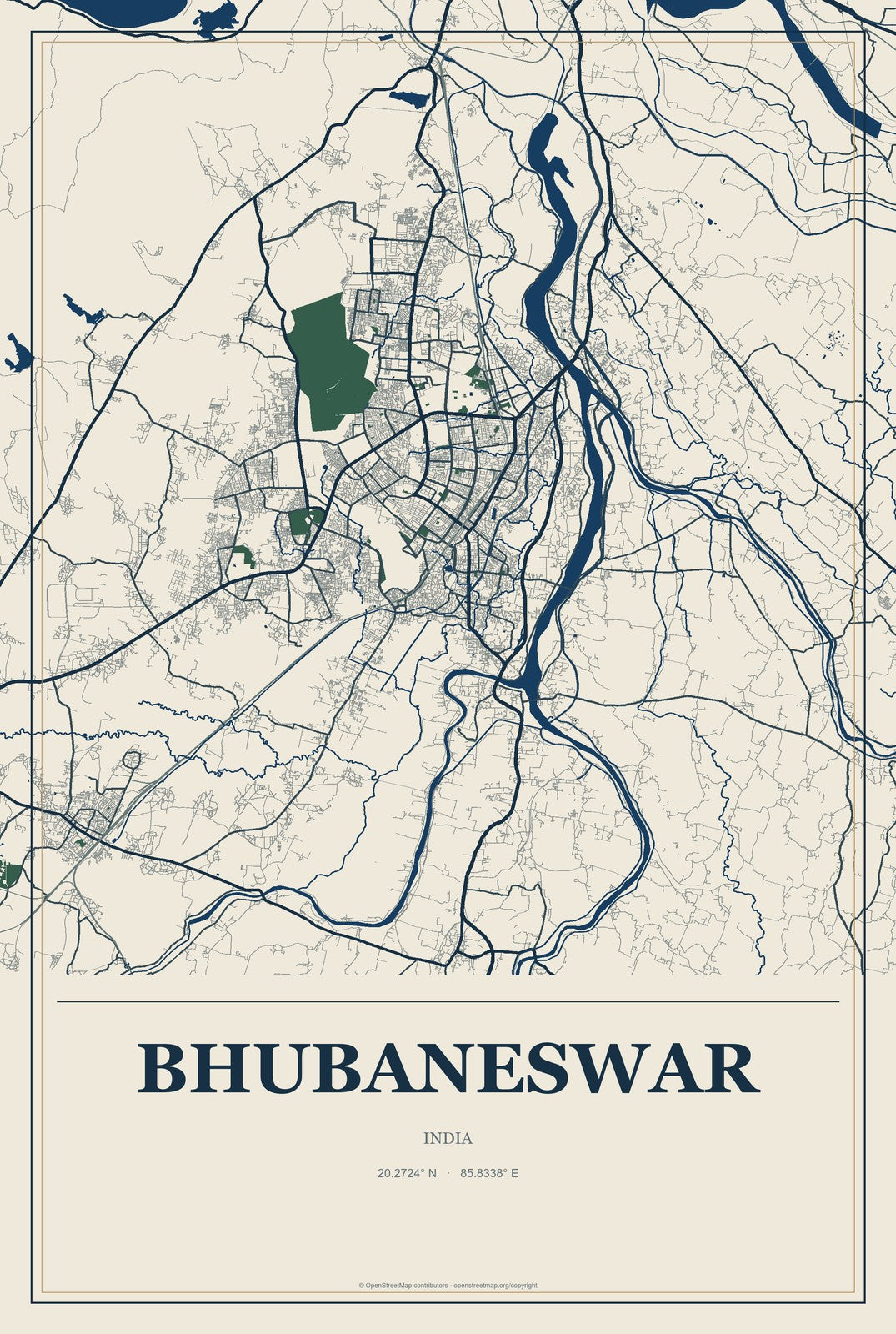 Bhubaneswar, India City Map Aluminum Sign in Coastal Cutout style