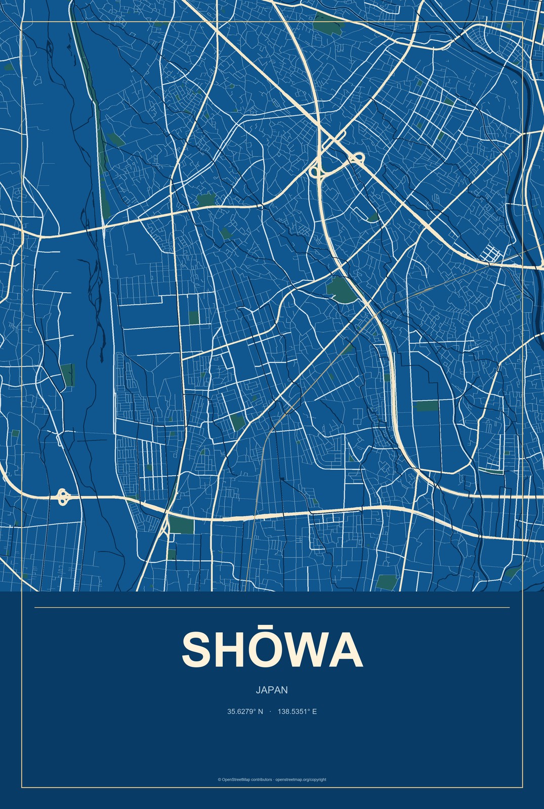 Shōwa, Japan City Map Aluminum Sign in Harbor Cobalt style